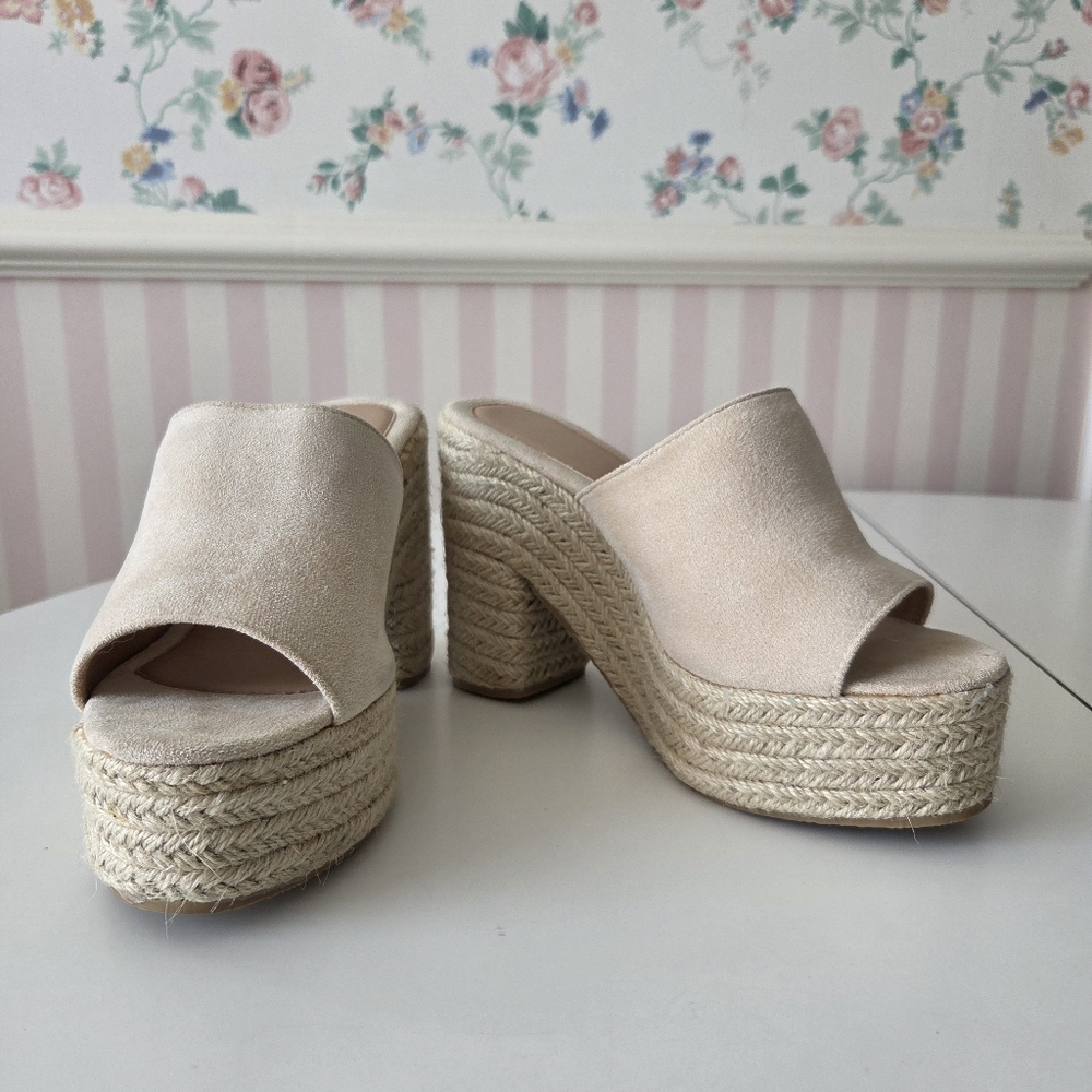 Y2K Platform Sandals‎ Slides Raffia Faux Suede Block Heel Open Toe 38 8 Beige